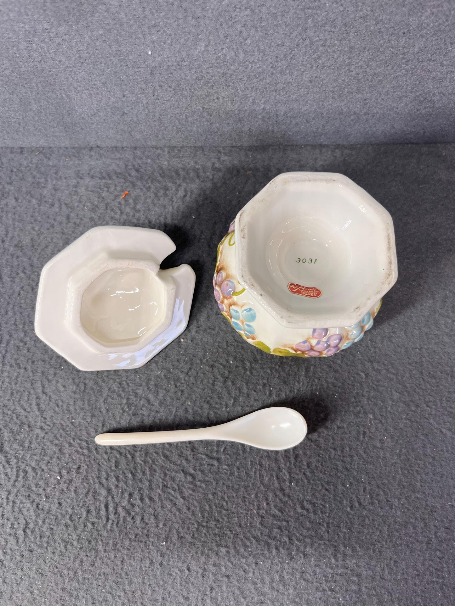 Vintage Lefton Grape Motif Jelly Jam Honey Jar with Spoon Grapevine Japan Collectible 3031