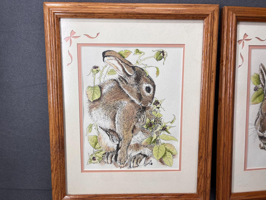Vintage Bunny Prints Set of 2 Framed Wall Art, Coquette Bow Matting, Nursery Decor, Baby Room Pictures, Cute Animal Artwork