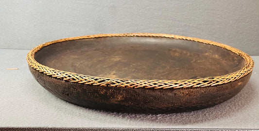 Vintage Hand Carved Solid Wood Bowl with Rattan Basket Rim - Lombok Indonesia Rustic Decor Serving Dish