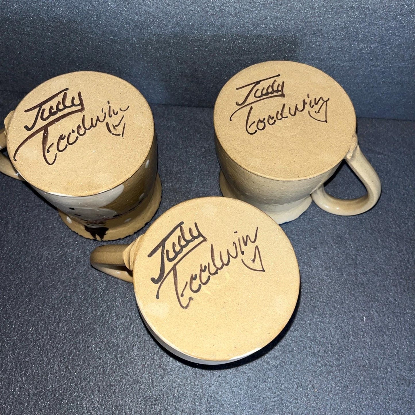 Judy Goodwin Signed Hand-Painted Snowman Mugs – Set of 3, Collectible Winter Drinkware, Cozy Holiday Gift Idea