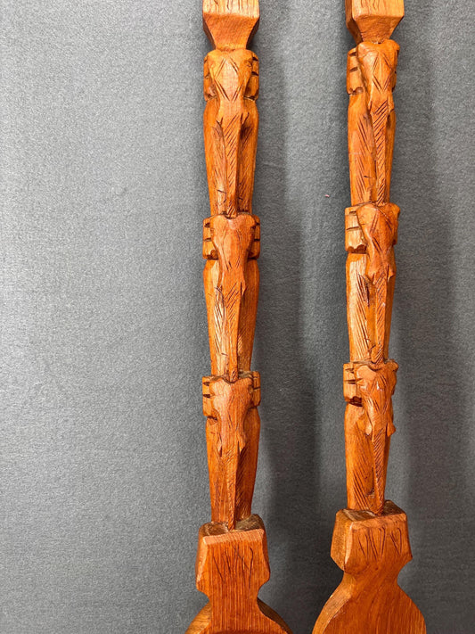 Vintage Teak Wood Carved Spoon & Fork Wall Sculpture Set | Rustic Kitchen Decor | Handmade Wooden Art for Dining Room