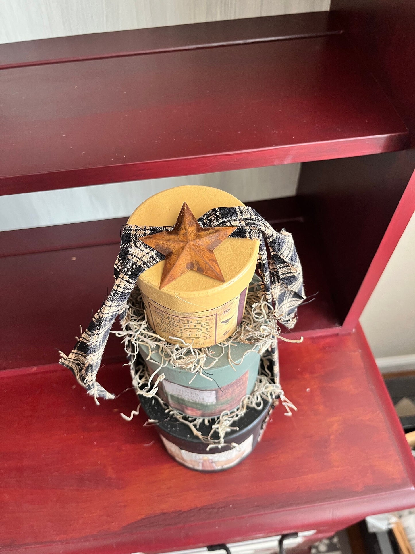 Handcrafted Primitive Paper Mache Box Stack - Set of 3 round nesting boxes| Rustic country farmhouse home decor