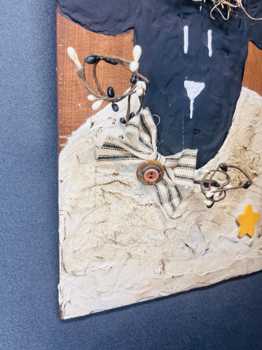 Mixed Media Primitive Sheep Wall Hanging | Rustic Home Decor, Farmhouse Wall Art, Cozy Cottage Accents with a fabric bow