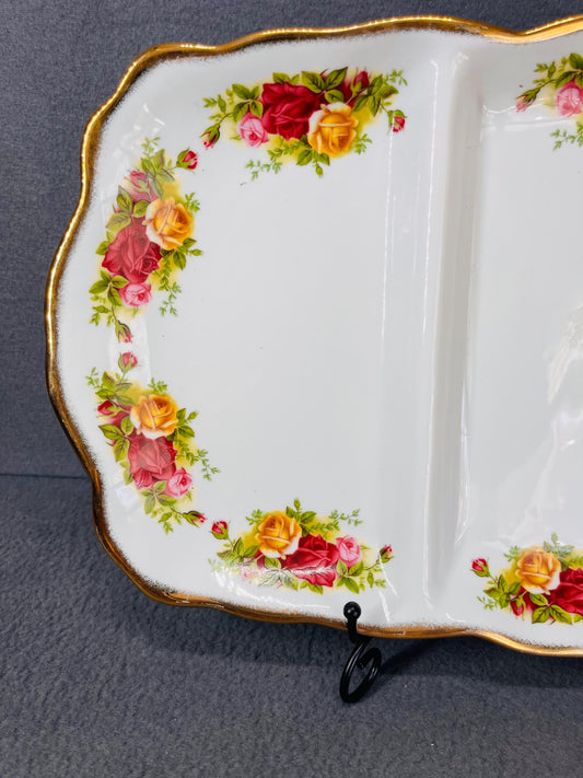 Royal Albert China OLD COUNTRY ROSES Divided Server, 17" 3-Part Platter for Entertaining & Serving, Vintage Tableware