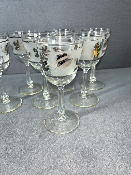 MCM Set of 7 Vintage Libbey Frosted Leaf Wine Glasses - Mid Century Modern Barware