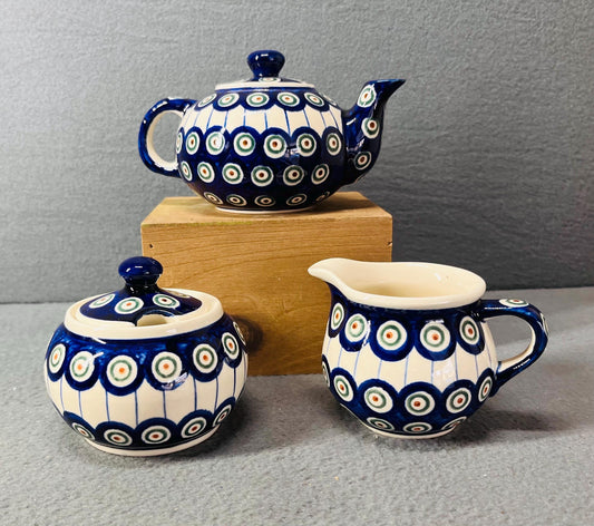 Polish Pottery Tea Pot - Hand Painted Peacock Pattern, Handmade in Poland, Unique Ceramic Teapot for Tea Lovers