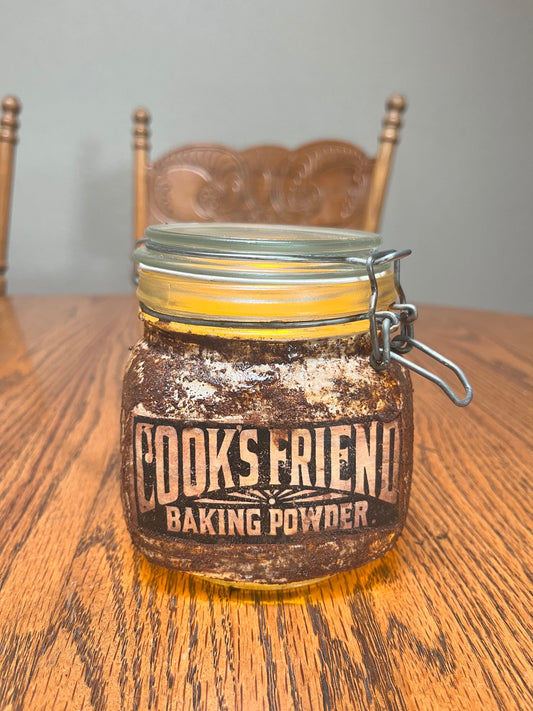 Primitive Grubby Baking Powder Jar - Rustic Farmhouse Decor & Distressed Handmade Pantry Accent with Candle