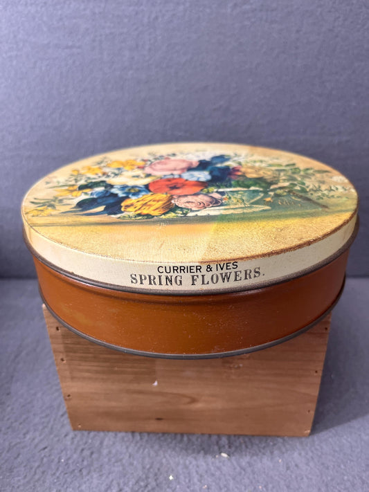 Vintage Currier & Ives Spring Flowers Tin - Heritage Plantation Collectible Decorative Storage