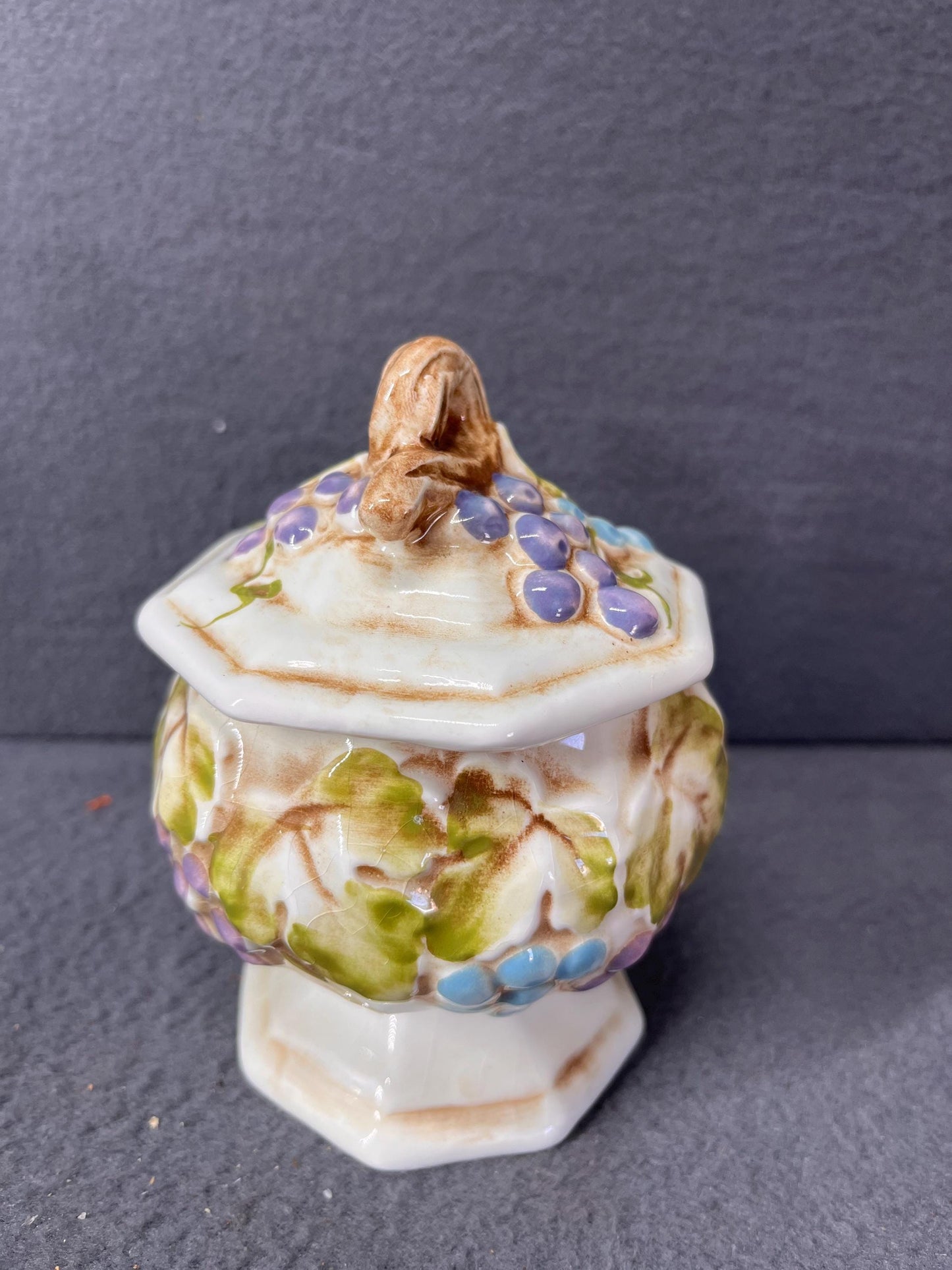 Vintage Lefton Grape Motif Jelly Jam Honey Jar with Spoon Grapevine Japan Collectible 3031