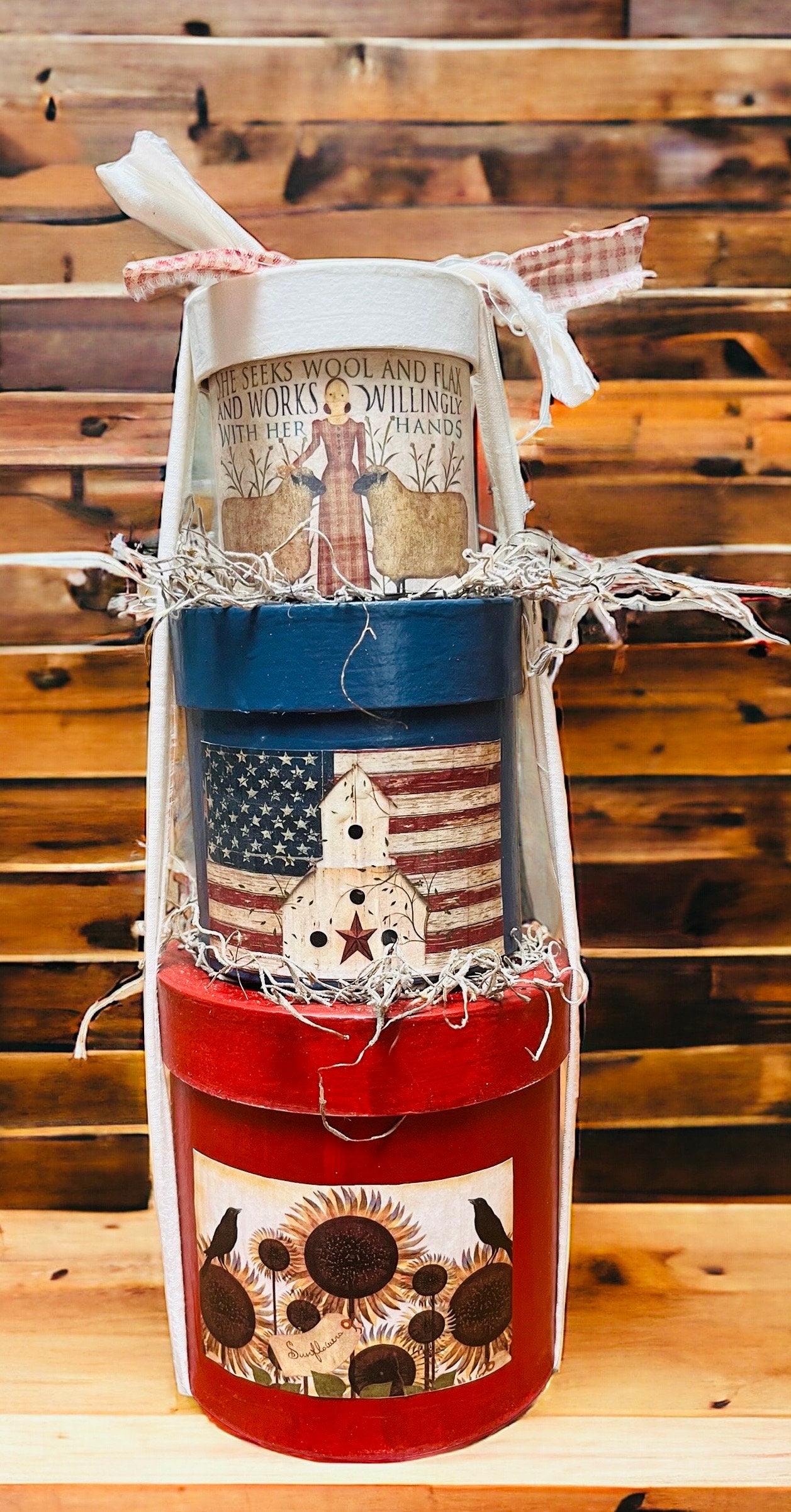 Primitive Patriotic Hand-Painted Boxes Set of 3 | Rustic Americana Decor, Round Nesting Boxes for Country Home Decor