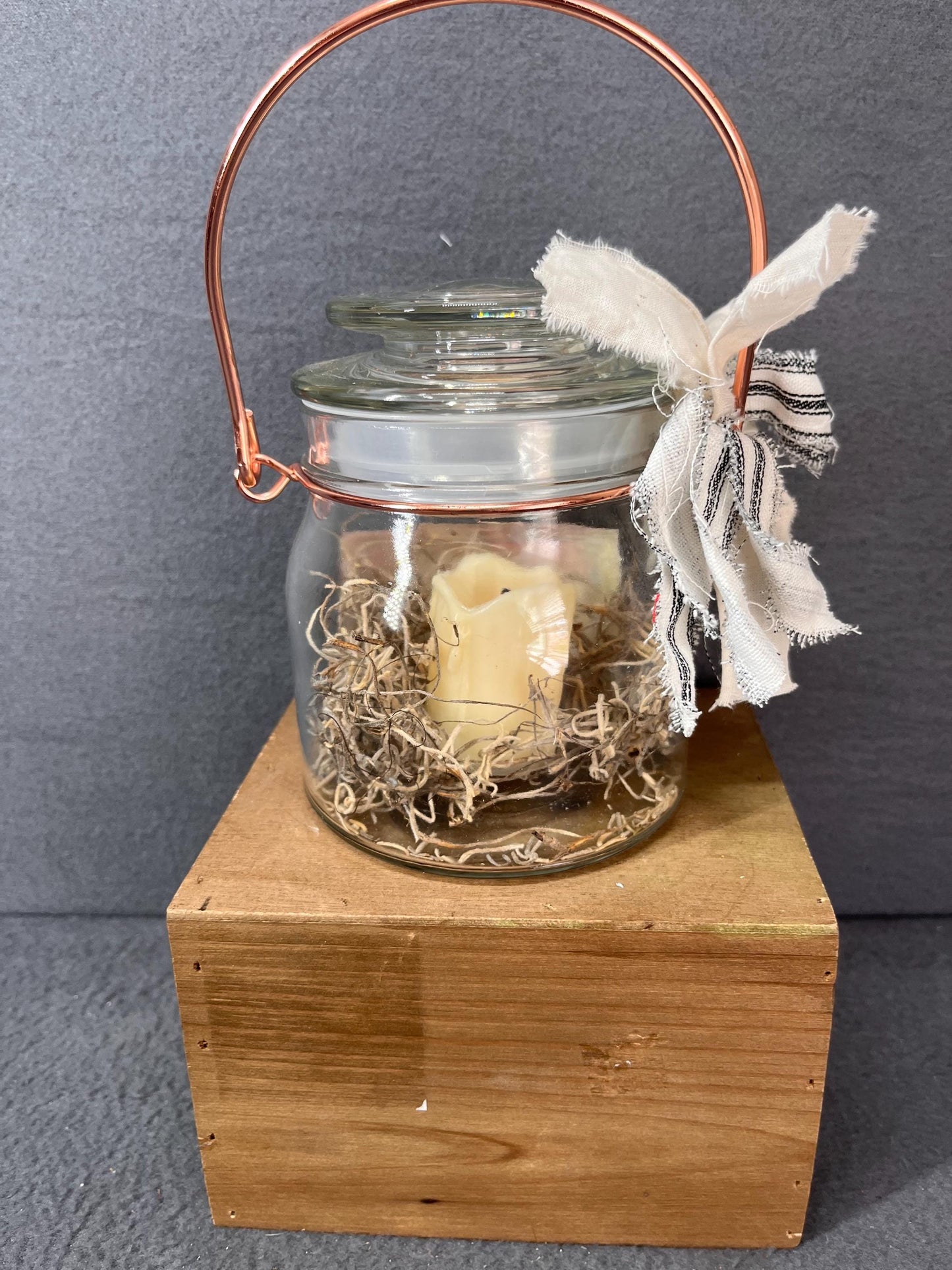 Primitive Glass Jar with Battery Candle| Rustic Primitive kitchen pantry jar - country farmhouse home decor