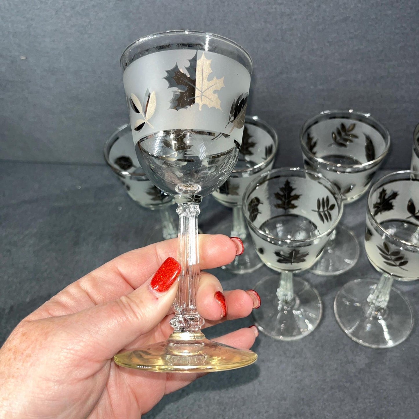 MCM Set of 7 Vintage Libbey Frosted Leaf Wine Glasses - Mid Century Modern Barware