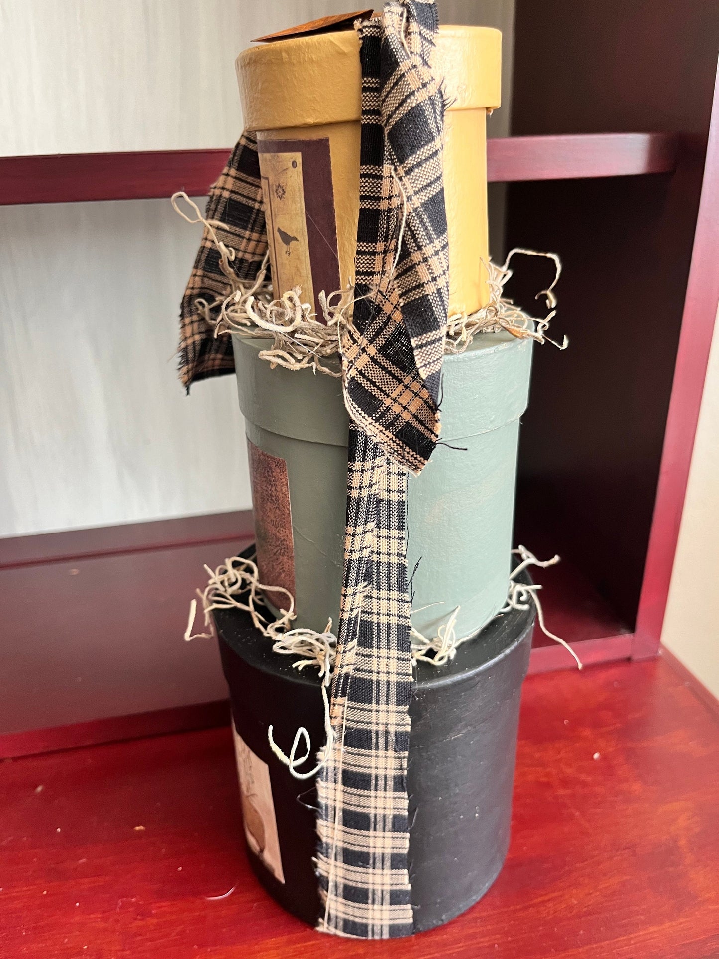 Handcrafted Primitive Paper Mache Box Stack - Set of 3 round nesting boxes|  Rustic country farmhouse home decor