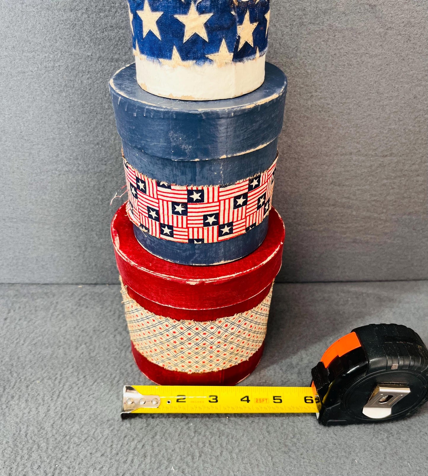 Primitive Patriotic  hand painted  Nesting Boxes Set of 3 Rustic Round Farmhouse Storage & Country Home Decor