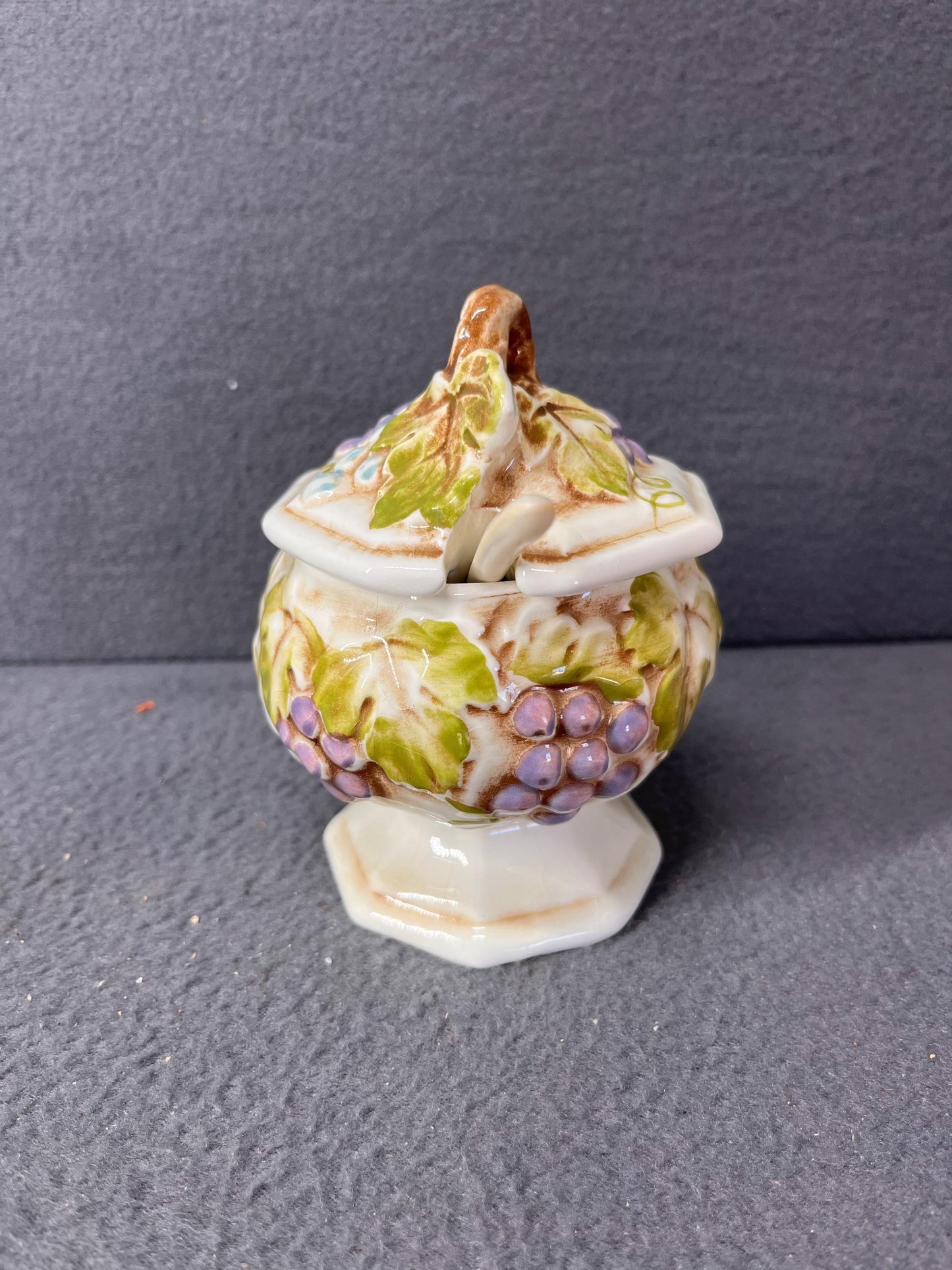 Vintage Lefton Grape Motif Jelly Jam Honey Jar with Spoon Grapevine Japan Collectible 3031