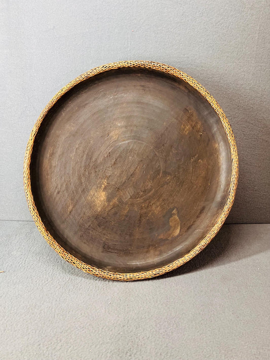 Vintage Hand Carved Solid Wood Bowl with Rattan Basket Rim - Lombok Indonesia Rustic Decor Serving Dish