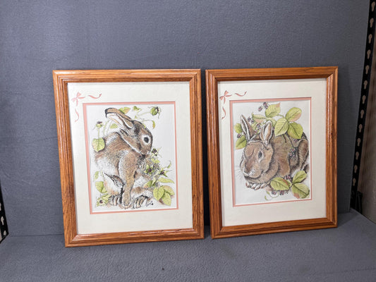 Vintage Bunny Prints Set of 2 Framed Wall Art, Coquette Bow Matting, Nursery Decor, Baby Room Pictures, Cute Animal Artwork