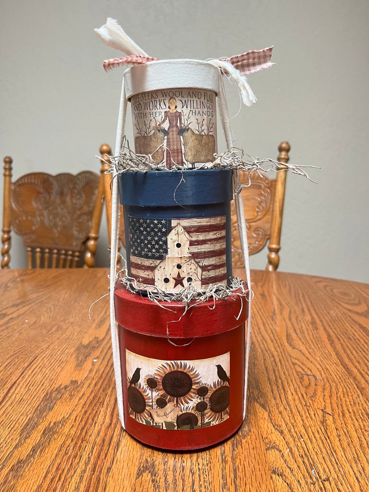 Primitive Patriotic Hand-Painted Boxes Set of 3 | Rustic Americana Decor, Round Nesting Boxes for Country Home Decor