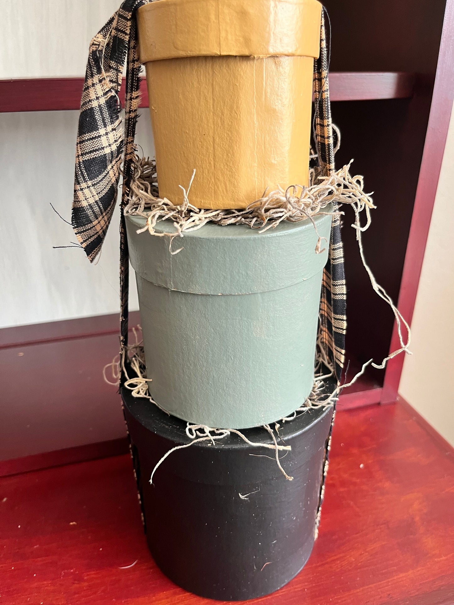 Handcrafted Primitive Paper Mache Box Stack - Set of 3 round nesting boxes|  Rustic country farmhouse home decor