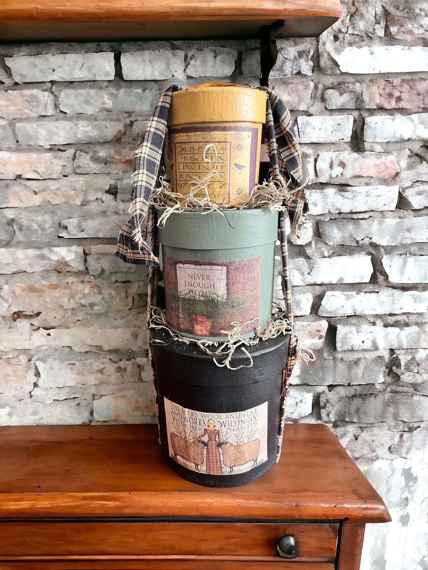 Handcrafted Primitive Paper Mache Box Stack - Set of 3 round nesting boxes|  Rustic country farmhouse home decor