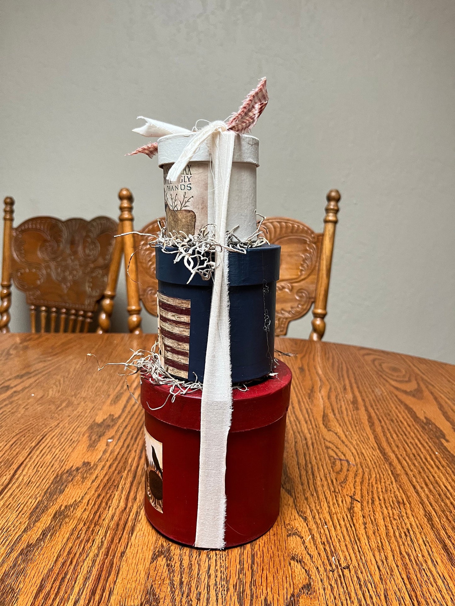 Primitive Patriotic Hand-Painted Boxes Set of 3 | Rustic Americana Decor, Round Nesting Boxes for Country Home Decor