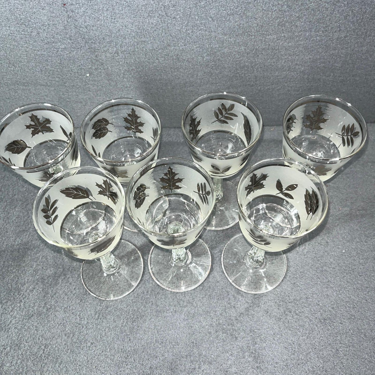 MCM Set of 7 Vintage Libbey Frosted Leaf Wine Glasses - Mid Century Modern Barware