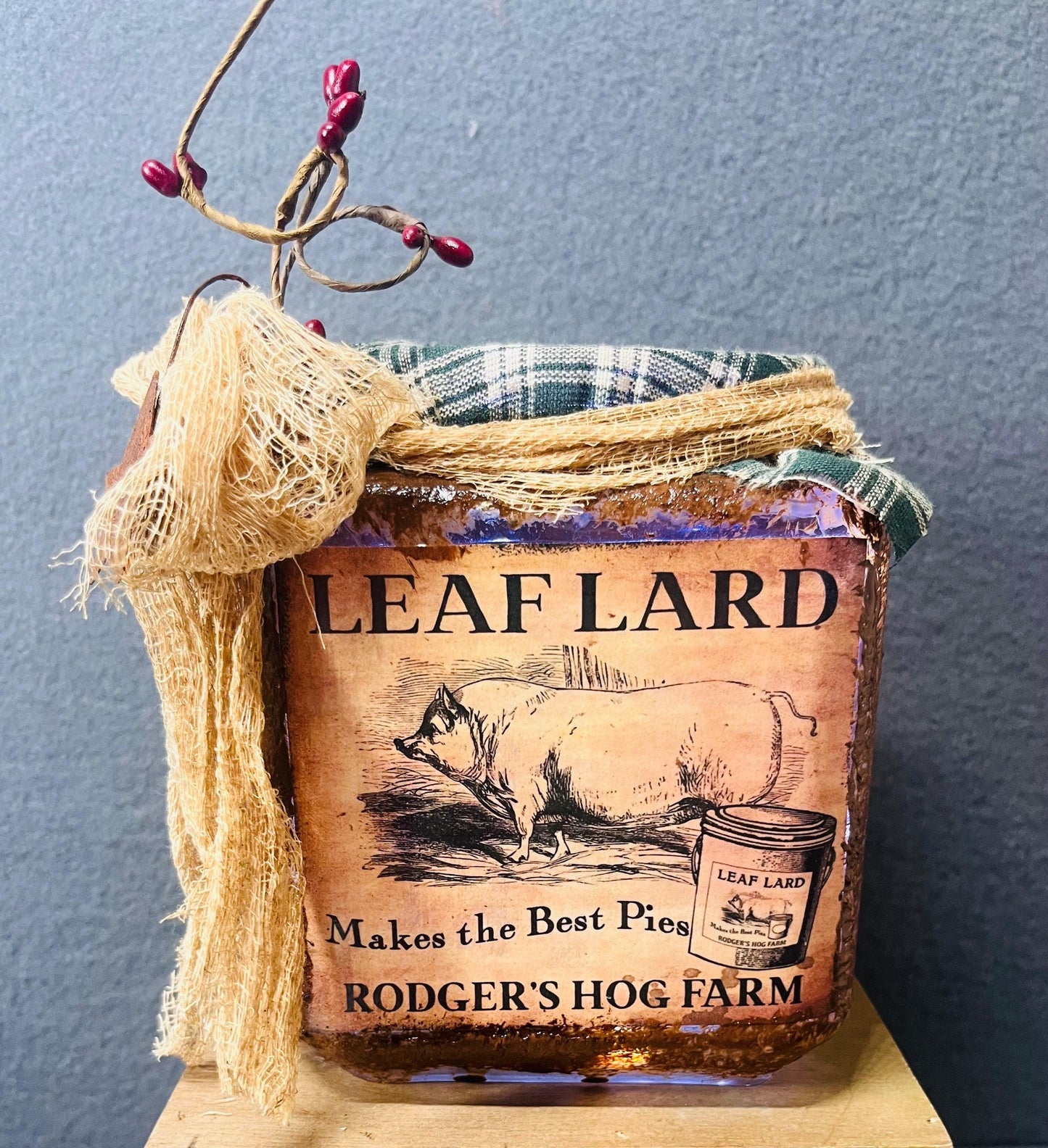 Leaf Lard Rustic Jar with Battery Powered Candle | Cozy Home Decor & Gift Idea | Farmhouse Style Candle Holder