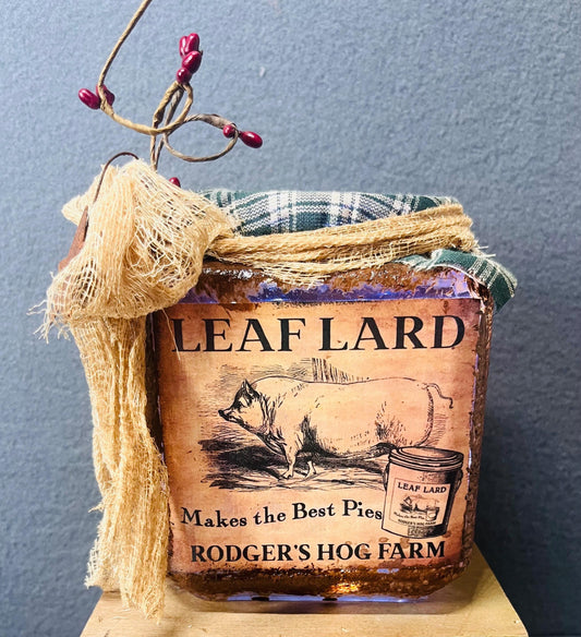 Leaf Lard Rustic Jar with Battery Powered Candle | Cozy Home Decor & Gift Idea | Farmhouse Style Candle Holder