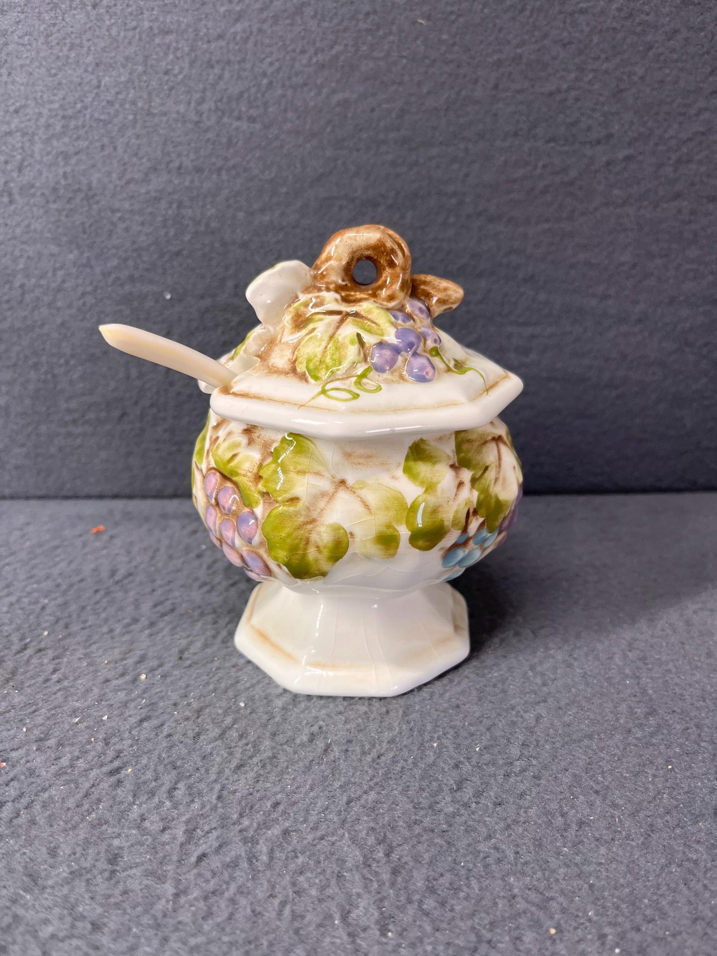 Vintage Lefton Grape Motif Jelly Jam Honey Jar with Spoon Grapevine Japan Collectible 3031