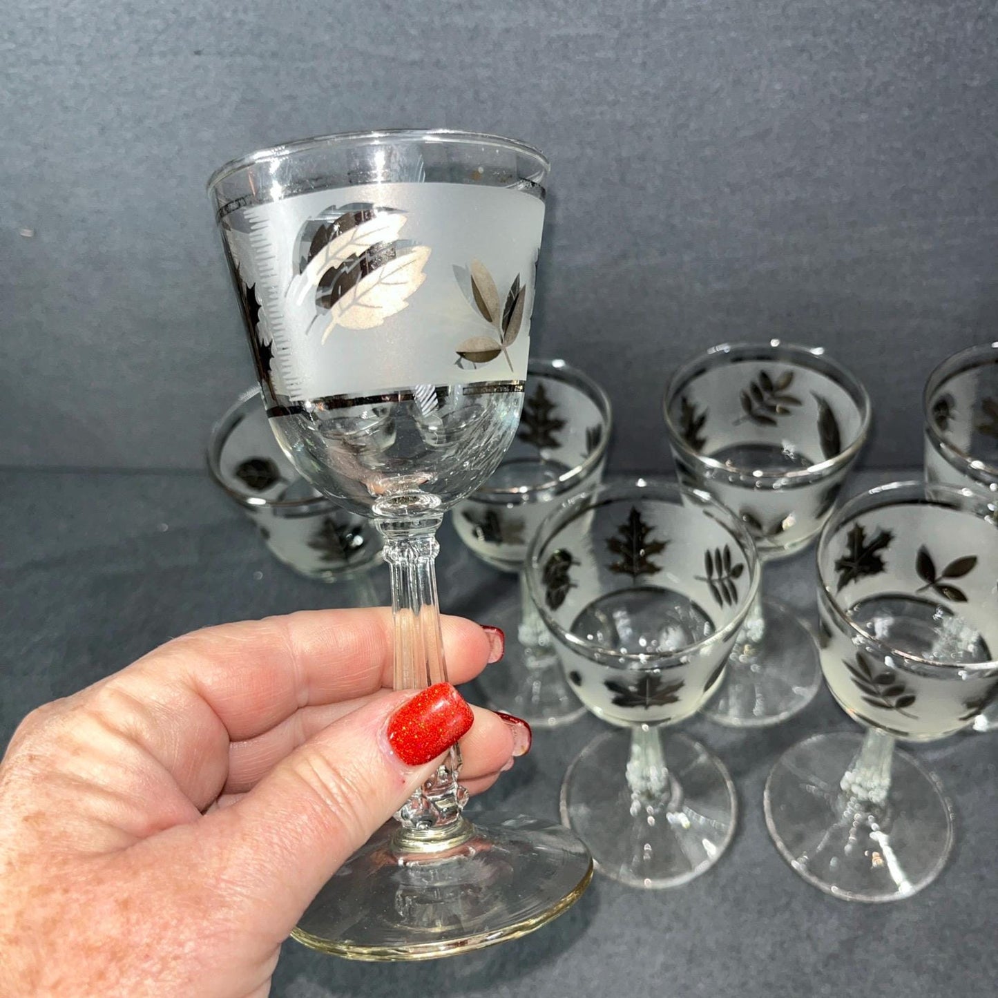 MCM Set of 7 Vintage Libbey Frosted Leaf Wine Glasses - Mid Century Modern Barware