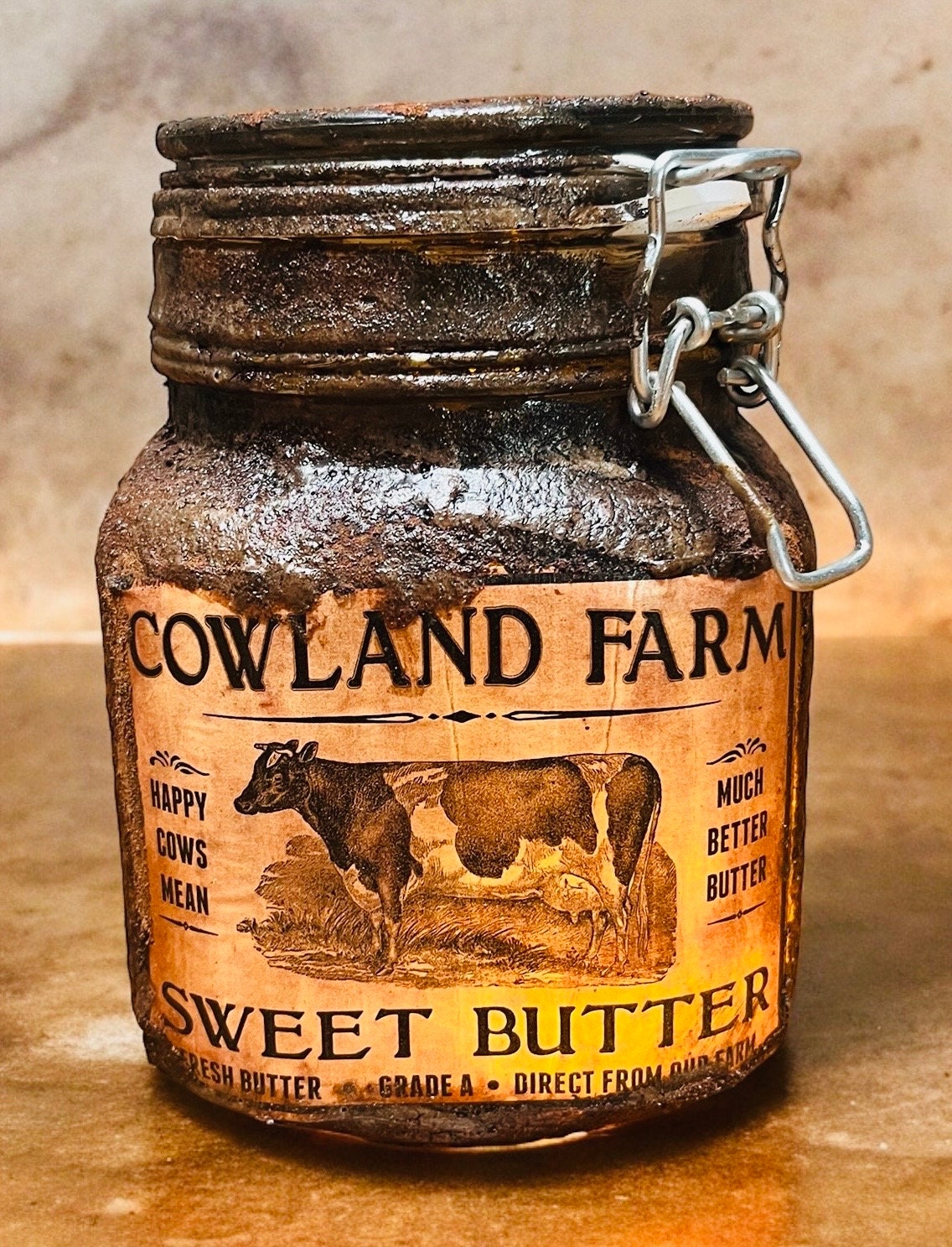 Rustic Grungy Sweet Butter Jar | Distressed Light for Pantry Storage & Spice Decor