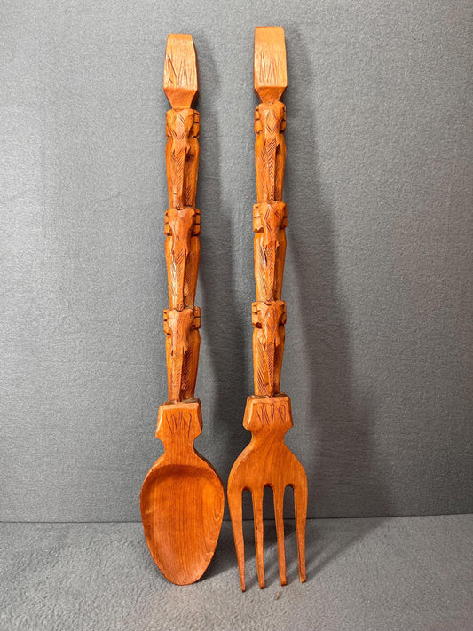 Vintage Teak Wood Carved Spoon & Fork Wall Sculpture Set | Rustic Kitchen Decor | Handmade Wooden Art for Dining Room