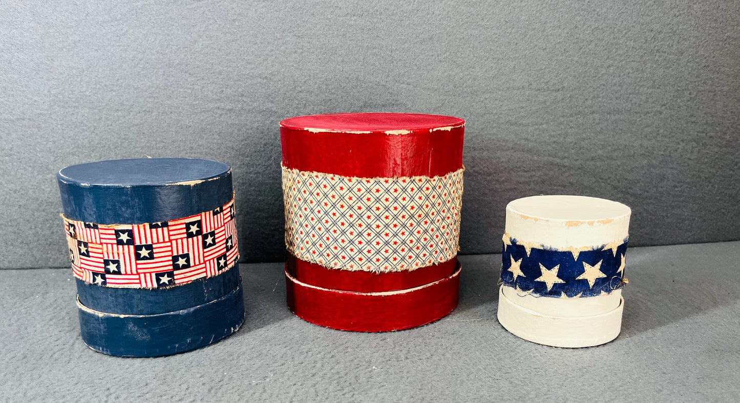 Primitive Patriotic  hand painted  Nesting Boxes Set of 3 Rustic Round Farmhouse Storage & Country Home Decor