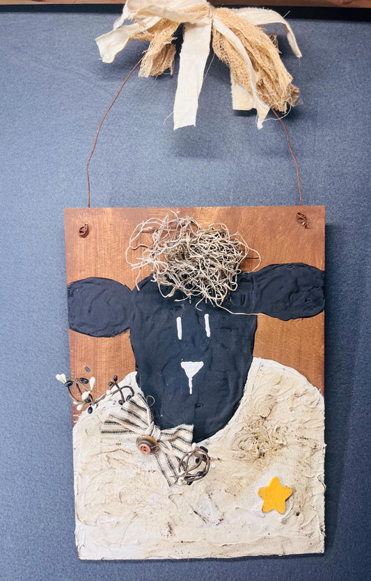 Mixed Media Primitive Sheep Wall Hanging | Rustic Home Decor, Farmhouse Wall Art, Cozy Cottage Accents with a fabric bow