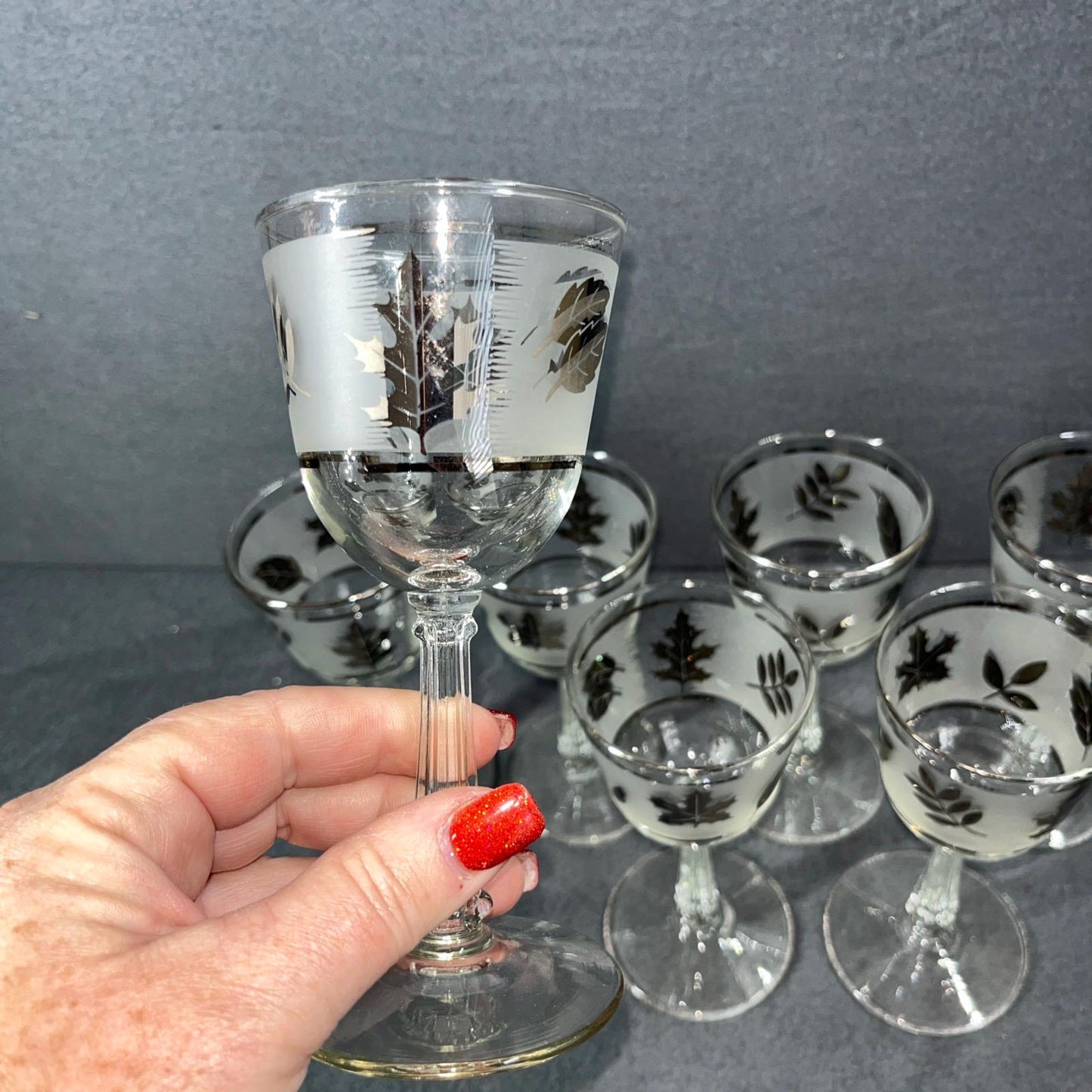 MCM Set of 7 Vintage Libbey Frosted Leaf Wine Glasses - Mid Century Modern Barware