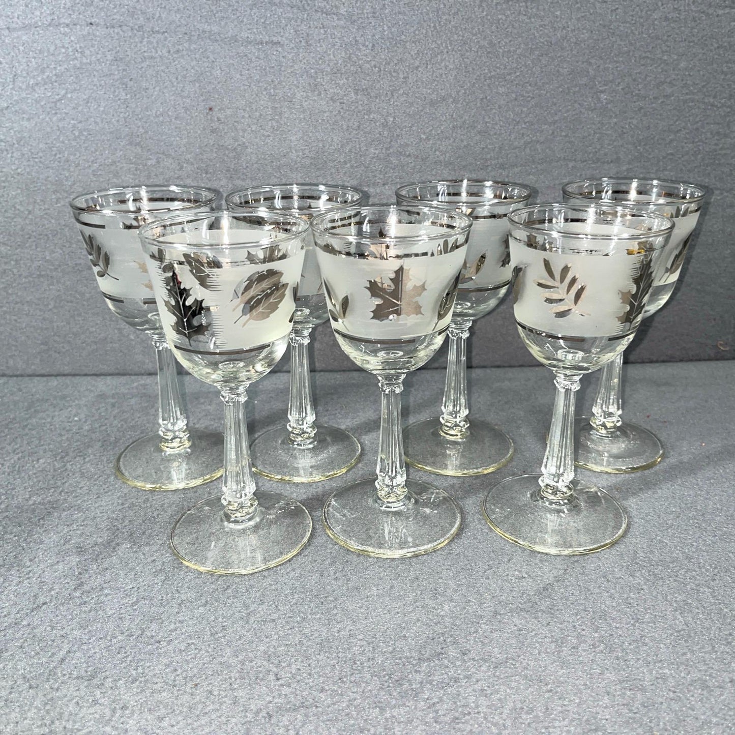 MCM Set of 7 Vintage Libbey Frosted Leaf Wine Glasses - Mid Century Modern Barware