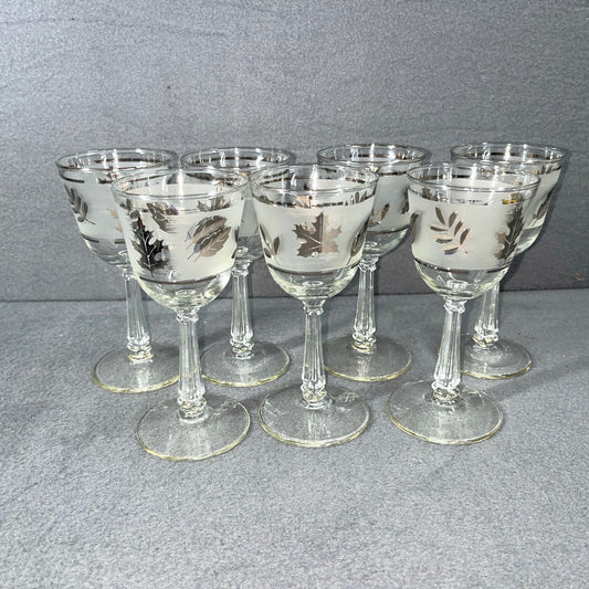 MCM Set of 7 Vintage Libbey Frosted Leaf Wine Glasses - Mid Century Modern Barware