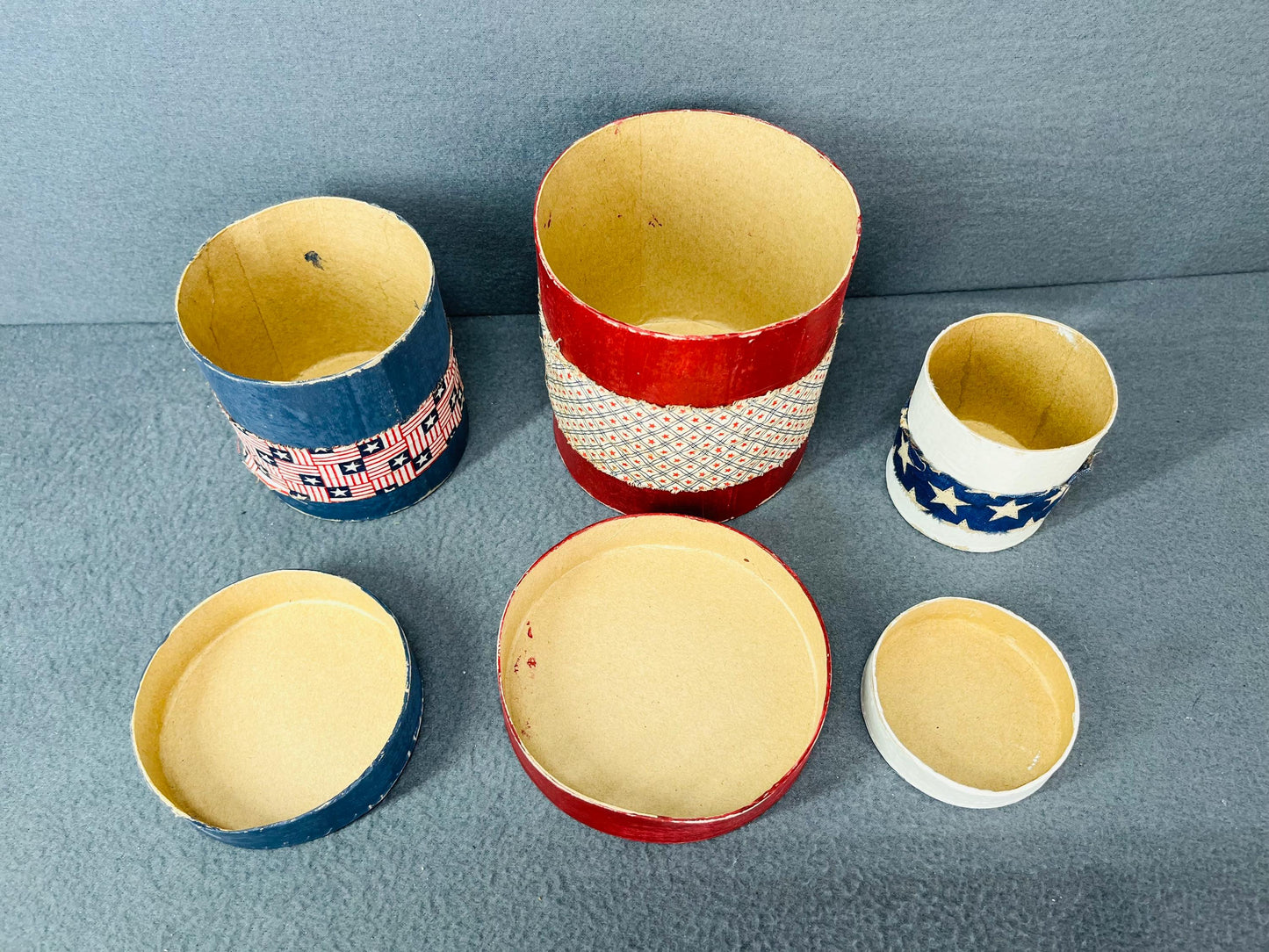 Primitive Patriotic  hand painted  Nesting Boxes Set of 3 Rustic Round Farmhouse Storage & Country Home Decor