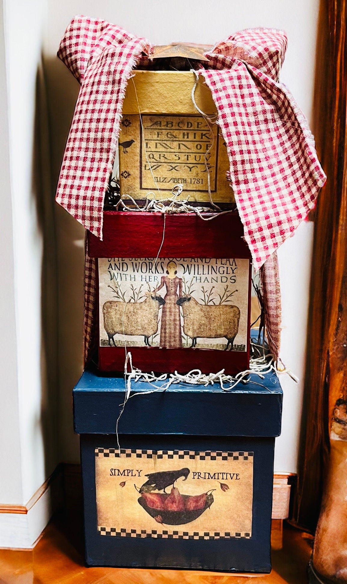 Handcrafted Primitive Americana Paper Mache Box Stack - Set of 3 | Rustic square distressed nesting boxes, Country farmhouse home decor