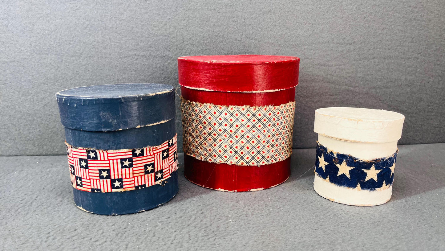 Primitive Patriotic  hand painted  Nesting Boxes Set of 3 Rustic Round Farmhouse Storage & Country Home Decor