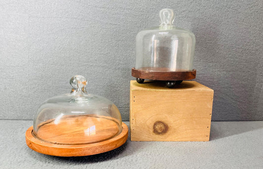 Cheese Dome Large & Small Set - Glass Cheese Storage Cover with Wooden Base, Elegant Cheese Plate for Entertaining and Food Presentation
