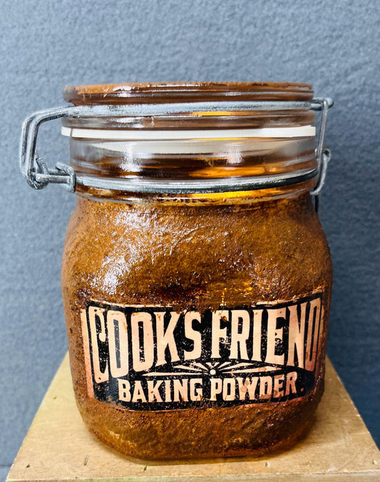 Baking Powder Jar with Battery Candle Holder, Grungy Vintage Kitchen Storage Container for Cooks & Bakers