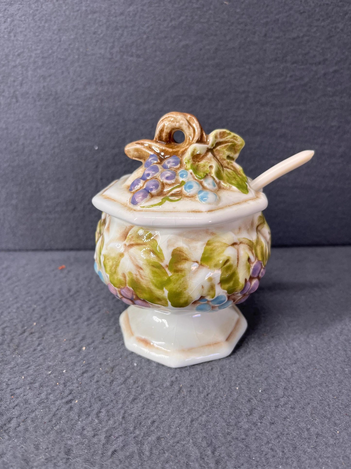 Vintage Lefton Grape Motif Jelly Jam Honey Jar with Spoon Grapevine Japan Collectible 3031